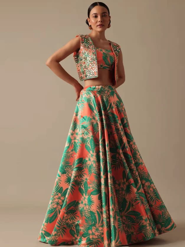 Lehenga Set With Mirror Embellished Jacket