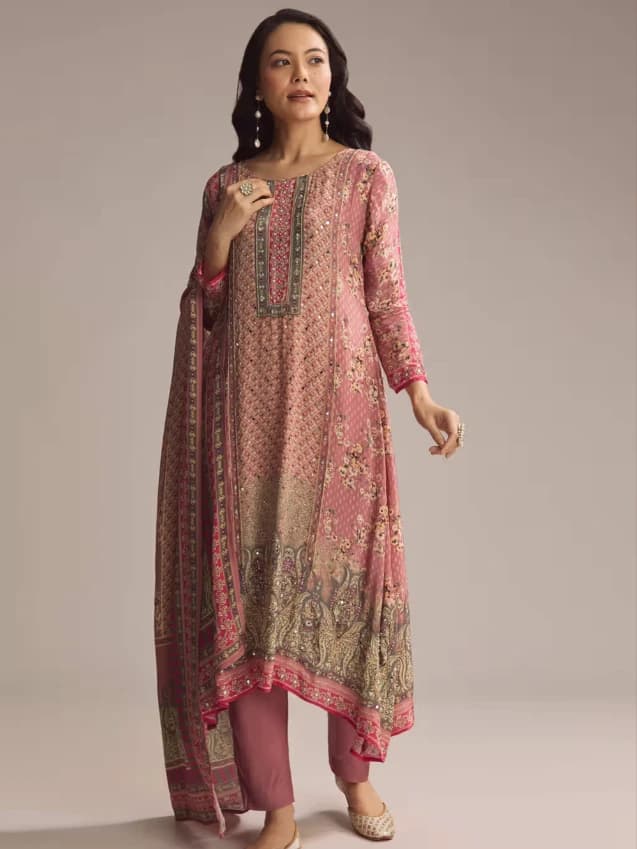 Peach Crepe Kurta Set With Floral Print