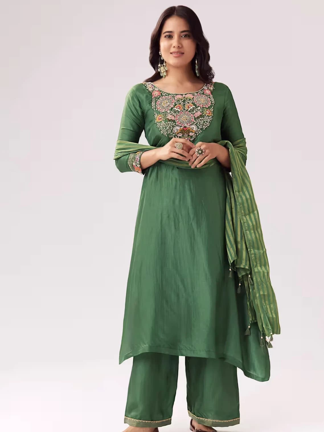 Green Silk Palazzo Set With Zardozi Thread Work