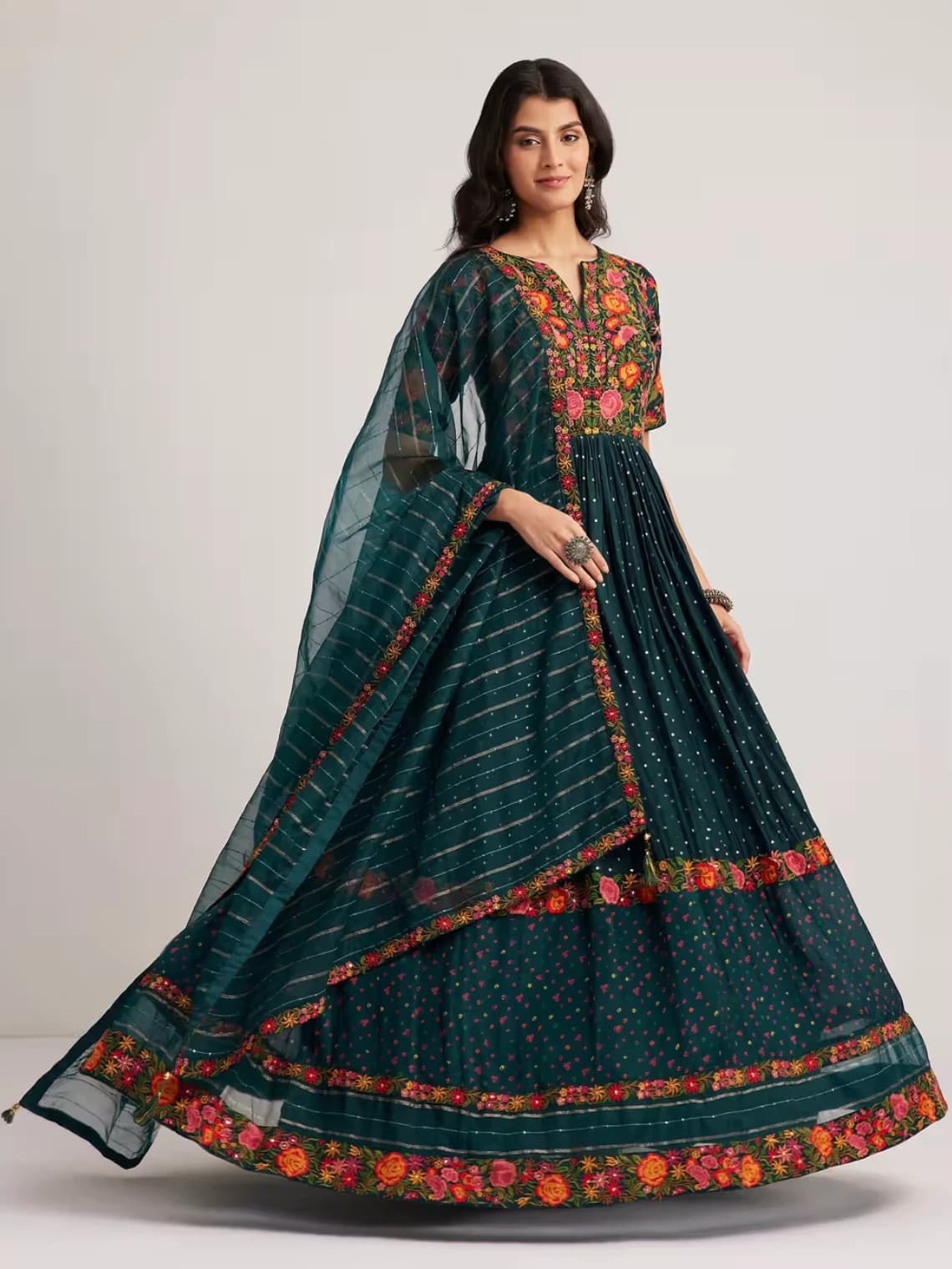 Teal Green Silk Bandhani Anarkali With Organza Dupatta